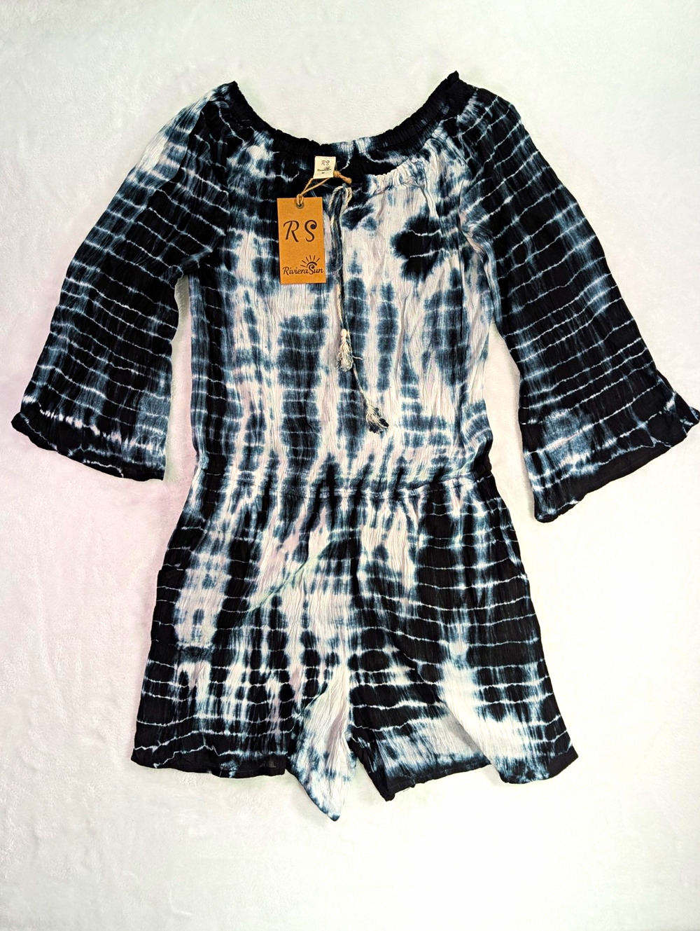 Riviera Sun Womens Off Shoulder Tie Dye Romper Pockets Rayon Boho Jumpsuit Sz M